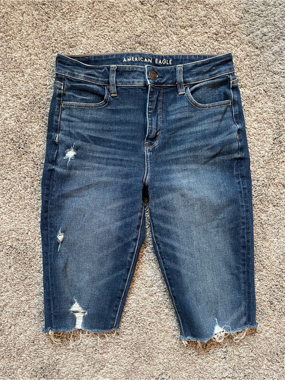 American Eagle Outfitters Dark Blue Distressed Denim Cropped Bermuda Shorts